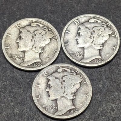 1926, 1936, & 1937 Mercury 90% Silver Dimes