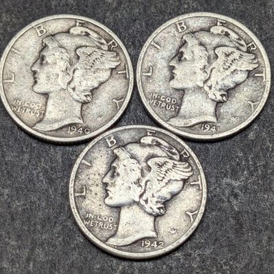 1940, 1941, & 1942 Mercury 90% Silver Dimes