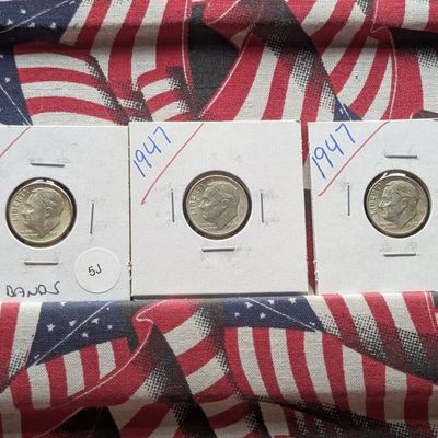 (3) 1947 Roosevelt 90% Silver Dimes - One with Full Bands
