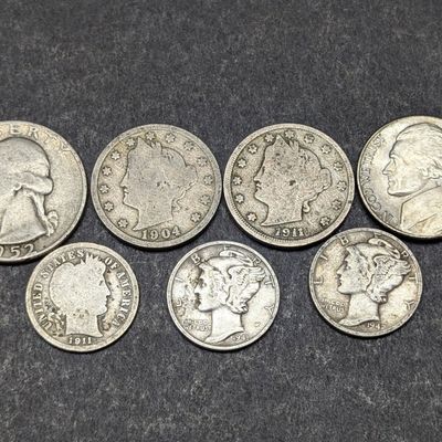 1952-D Washington Quarter, 1943-S Jefferson War Nickel, 1911 Barber Dime, 1941 & 1942 Mercury Dimes, 1904 & 1911 Liberty Head V...