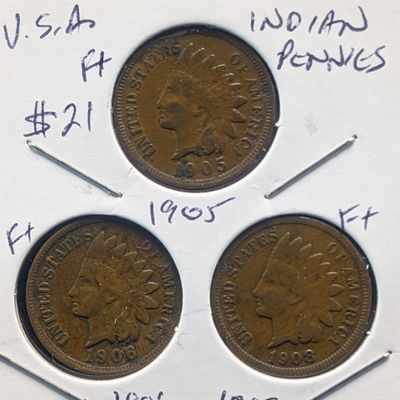 1905, 1906, & 1908 Indian Head Cents