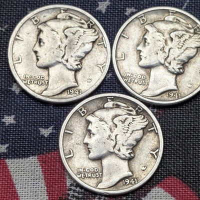 (3) 1941 Mercury 90% Silver Dimes, 85 Years old, WWII Era