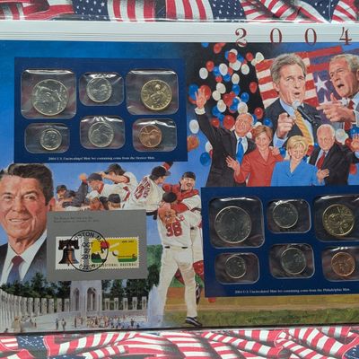 2004 P&D U.S. Mint Uncirculated Coin Sets With Stamps - No State Quarters