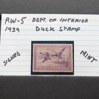 1939 Dept. Of The Interior Duck Stamp, RW-5, Signed