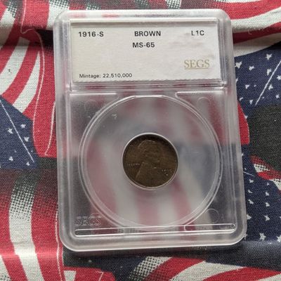 1916-S Lincoln Wheat Cent SEGS MS65 Brown