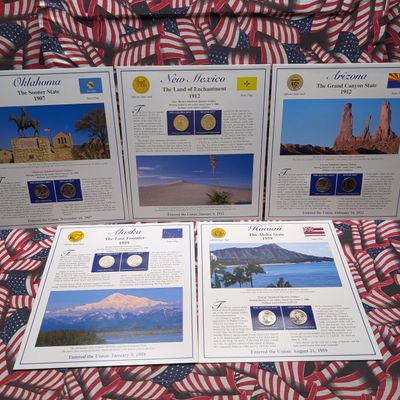 (5) 2008 P&D Uncirculated State Quarter Sets with Stamps in Binder Display Sheets