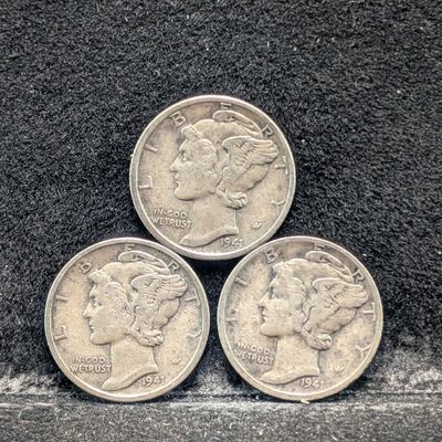 1941 P, D, & S Mercury 90% Silver Dimes - Complete Year Set!