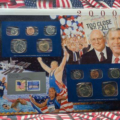 2000 P&D U.S. Mint Uncirculated Coin Sets With Stamps - No State Quarters