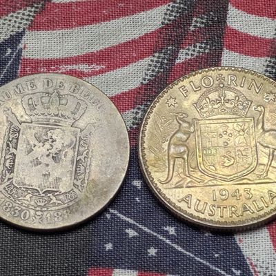 1943 Australia Florin 92.5% Silver 11.31g & 1880 Belgium 2 Francs 83.5% Silver 10g