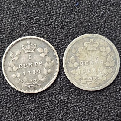 1880-H Canada 5 Cents & 1871 Canada 5 Cents - Each 92.5% Silver & 1.167g