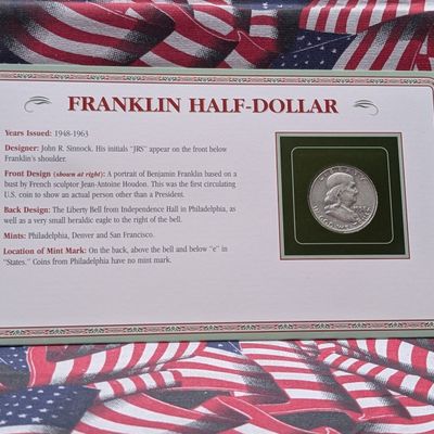 1958-D Franklin 90% Silver Half Dollar in Eagle Symbolizing Liberty Display Card w/ Commem Stamp