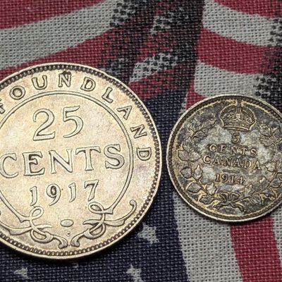 1917-C Newfoundland 25 Cents 92.5% Silver 5.83g & 1914 Canada 5 Cents 92.5% Silver 1.167g