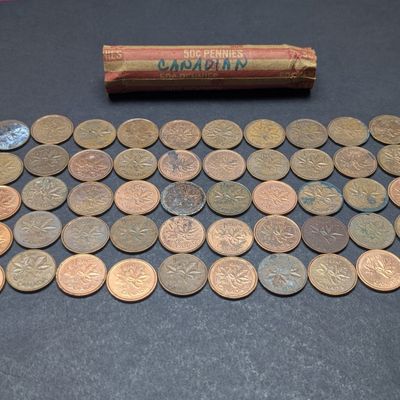 Full (50) Coin Bank Roll of Various Dated Vintage Canadian 1 Cents