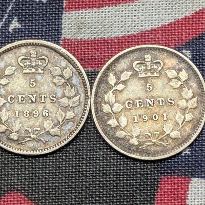 1896 & 1901 Canada 5 Cents - Each 92.5% Silver & 1.167g