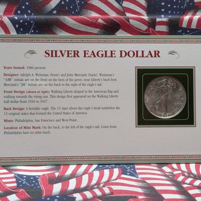 2002 American Silver Eagle 1 Troy Oz. .999 Silver in Eagle and Shield Display Card w/ Commem Stamp
