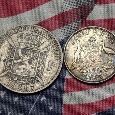 1942-D Australia Sixpence 92.5% Silver 2.83g & 1887 Belgium 1 Franc 83.5% Silver 5g