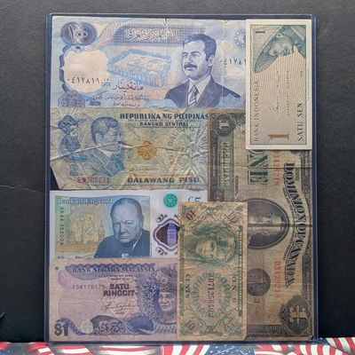 (7) Assorted World Currency Notes in Display