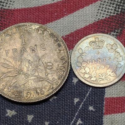 1915 France 1 Franc 83.5% Silver 5g & 1899 Canada 5 Cents 92.5% Silver 1.167g