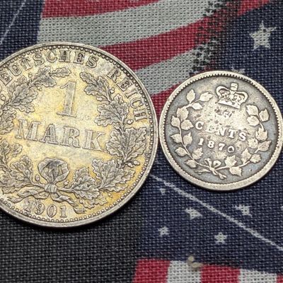 1870 Canada 5 Cents 92.5% Silver 1.167g & 1901-A Germany 1 Mark 90% Silver 5.556g