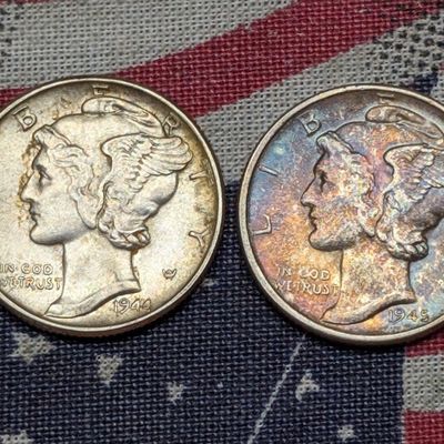 1944 & 1945-D Mercury 90% Silver Dimes