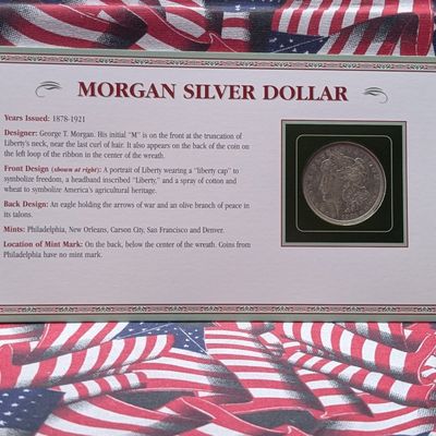 1921-D Morgan 90% Silver Dollar in Eagle Holding Arrows Display Card w/ Commem Stamp
