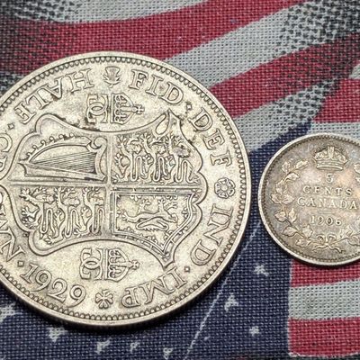 1906 Canada 5 Cents 92.5% Silver 1.162g & 1929 Great Britain Silver Half Crown 50% Silver 14.14g