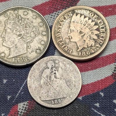 1864 Indian Head Cent, 1842 Seated Liberty 90% Silver Dime, & 1883 No Cents Liberty Head V Nickel