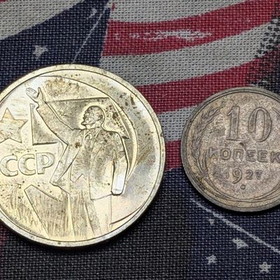 1967 Soviet Socialist Revolution Commemorative 50 Kopecks & 1927 Soviet 10 Kopeks 50% Silver 1.8g