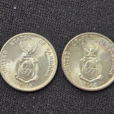 (2) 1945-D Philippines 20 Centavos - Each 75% Silver & 4g - UNC