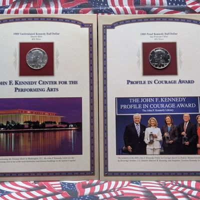 1969-S PROOF & 1969-D UNC Kennedy 40% Silver Half Dollars in Info Display Cards