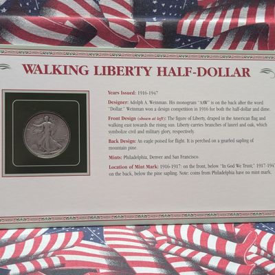 1943-S Walking Liberty 90% Silver Half Dollar in Eagle Poised for Flight Display Card w/ Commem Stamp