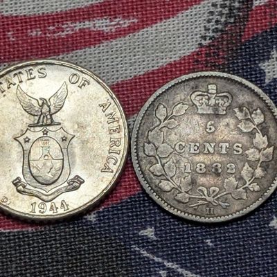 1944-D Philippines 10 Centavos 75% Silver 2g & 1882-H Canada 5 Cents 92.5% Silver 1.167g