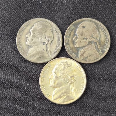 1943-P, 1943-S, and 1944-P 35% Silver Jefferson Wartime Nickels