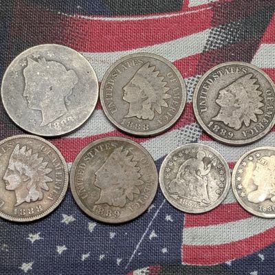 (2) 1888 Indian Head Cents, (2) 1889 Indian Head Cents, 1883 V Nickel, 1836 Capped Bust Half Dime, & 1855 Seated Liberty Half Dime