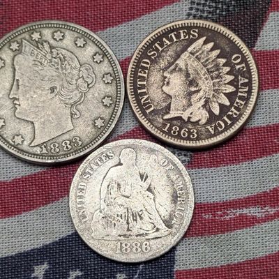 1863 Indian Head Cent, 1883 No Cents Liberty Head V Nickel, & 1886 Seated Liberty 90% Silver Dime