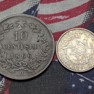 1933 Guatemala 10 Centavos 72% Silver 3.33g & 1866-M Italy 10 Centesimi