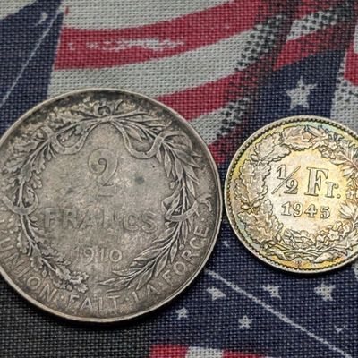 1945 Switzerland 1/2 Franc 83.5% Silver 2.5g & 1910 Belgium 2 Francs 83.5% Silver 10g