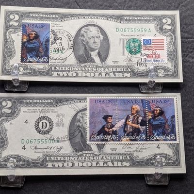 (2) 1976 Series $2.00 Notes w/ First Day Stamps - UNC