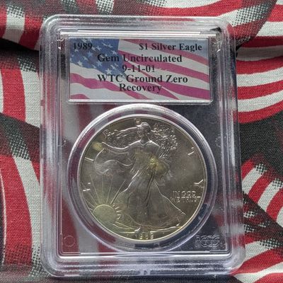 1989 American Silver Eagle 1 Troy Oz. .999 Silver - PCGS Gem Uncirculated - World Trade Center Ground Zero Recovery