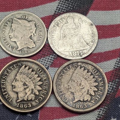 (2) 1863 Indian Head Cents, 1865 Three Cent Nickel, & 1875 Seated Liberty 90% Silver Dime