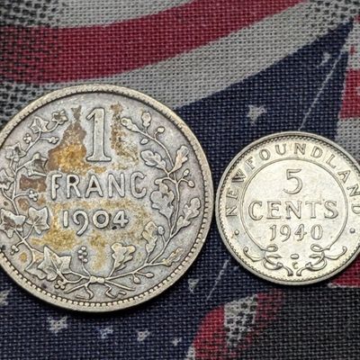 1940-C Newfoundland 5 Cents 92.5% Silver 1.166g & 1904 Belgium 1 Franc 83.5% Silver 5g
