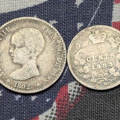 1883-H Canada 5 Cents 92.5% Silver 1.167g & 1892 Spain 50 Centimos 83.5% Silver 2.5g