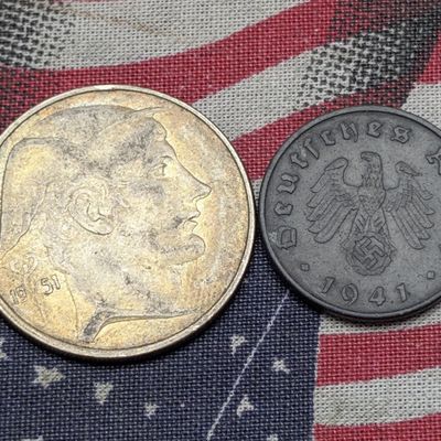 1941-D Germany 10 Pfennig & 1951 Belgium 20 Francs 83.5% Silver 8g