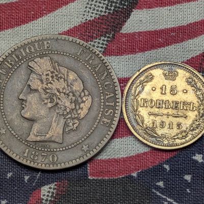1915-BC Soviet 15 Kopeks 50% Silver 2.7g & 1870-A France 10 Centimes