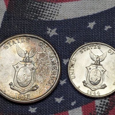 1944-D Philippines 10 Centavos 75% Silver 2g & 1945-D Philippines 20 Centavos 75% Silver 4g