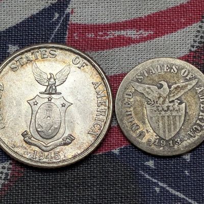 1945-D Philippines 20 Centavos 75% Silver 4g & 1913-S Philippines 10 Centavos 75% Silver 2g