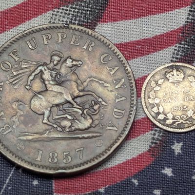1857 Upper Canada 1 Penny & 1905 Canada 5 Cents 92.5% Silver 1.162g