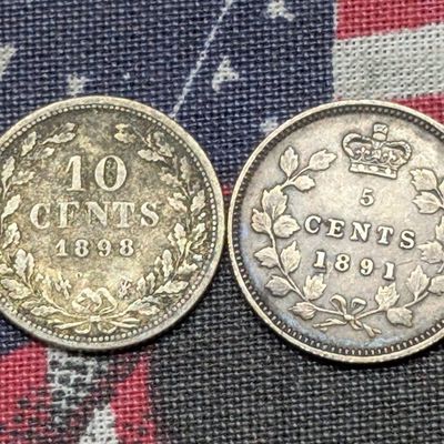 1891 Canada 5 Cents 92.5% Silver 1.167g & 1898 Canada 10 Cents 92.5% Silver 2.32g