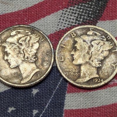1931 & 1934 Mercury 90% Silver Dimes