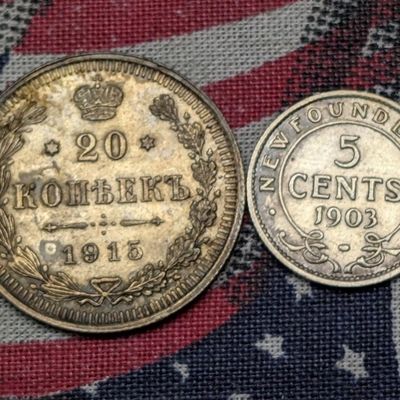 1915-RL Soviet 20 Kopeks 50% Silver 3.6g & 1903 Newfoundland 5 Cents 92.5% Silver 1.178g